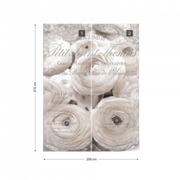 White Peonies Vintage Script Black And White Photo Wallpaper Wall Mural
