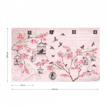 Cherry Blossom And Birds Vintage Design Pink Photo Wallpaper Wall Mural