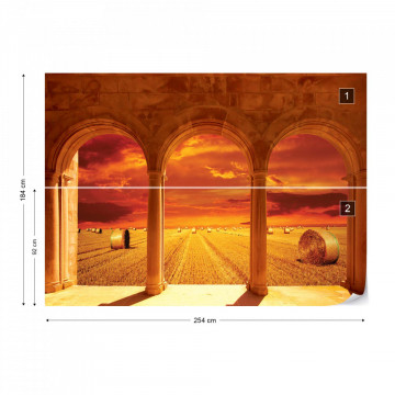Countryside Field View Through Stone Arches Photo Wallpaper Wall Mural
