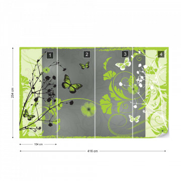 Flowers And Butterflies Modern Design Green Photo Wallpaper Wall Mural