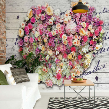 Flowers Heart Wood Planks Vintage Script Photo Wallpaper Wall Mural