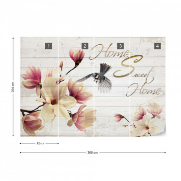 Magnolia Flowers Wood Planks "Home Sweet Home" Photo Wallpaper Wall Mural