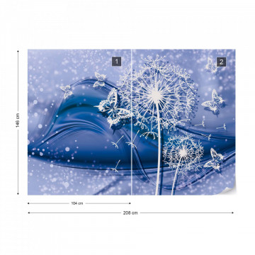 Modern Butterflies And Dandelions Blue Photo Wallpaper Wall Mural