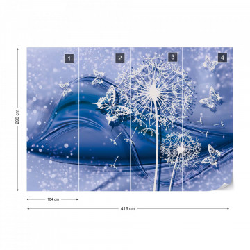 Modern Butterflies And Dandelions Blue Photo Wallpaper Wall Mural