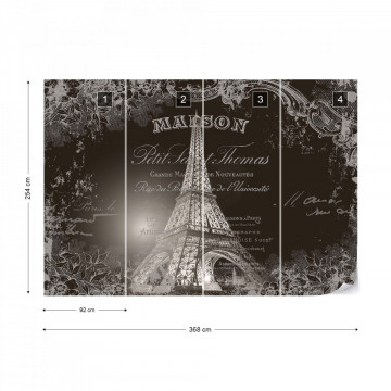 Paris Eiffel Tower Vintage Script Black And White Photo Wallpaper Wall Mural