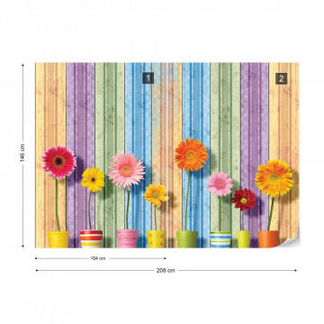 Sunny Flowers And Colourful Wood Planks Photo Wallpaper Wall Mural
