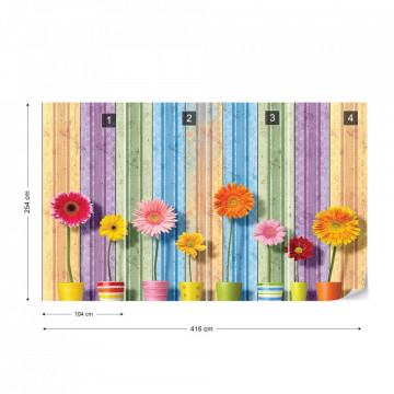 Sunny Flowers And Colourful Wood Planks Photo Wallpaper Wall Mural