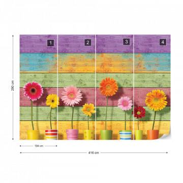 Sunny Flowers And Colourful Wood Planks Photo Wallpaper Wall Mural