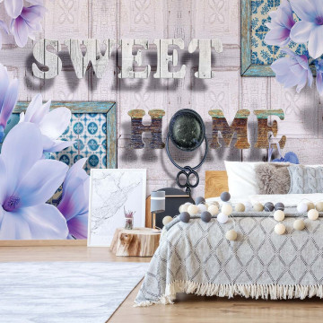 Sweet Home Flowers Vintage Design Blue Photo Wallpaper Wall Mural