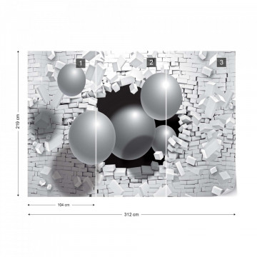 3D Balls Bursting Through Brick Wall Photo Wallpaper Wall Mural