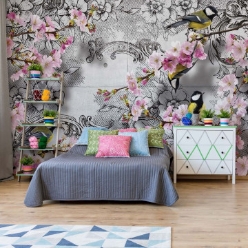 Birds And Cherry Blossom Flowers Vintage Design Photo Wallpaper Wall Mural