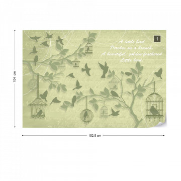 Cherry Blossom And Birds Vintage Design Green Photo Wallpaper Wall Mural