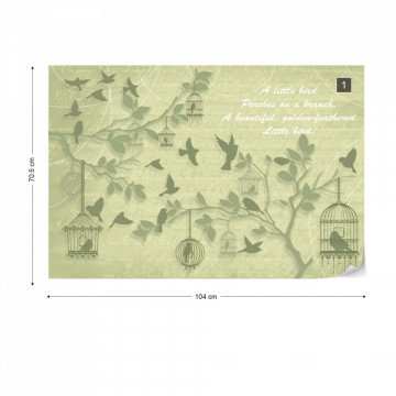 Cherry Blossom And Birds Vintage Design Green Photo Wallpaper Wall Mural