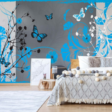 Flowers And Butterflies Modern Design Blue Photo Wallpaper Wall Mural