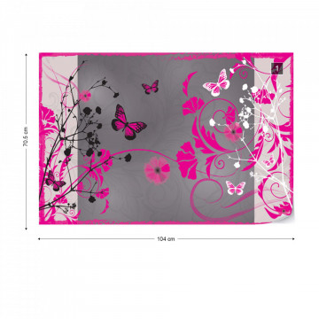 Flowers And Butterflies Modern Design Pink Photo Wallpaper Wall Mural