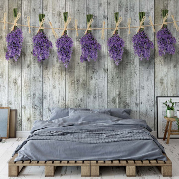 Lavender Bunches On Wood Plank Wall Vintage Style Photo Wallpaper Wall Mural