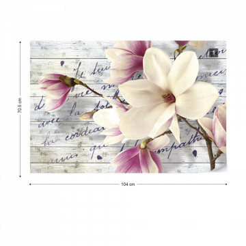 Magnolia Flowers Vintage Script Wood Texture Photo Wallpaper Wall Mural