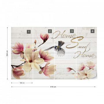 Magnolia Flowers Wood Planks "Home Sweet Home" Photo Wallpaper Wall Mural
