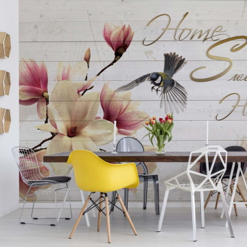 Magnolia Flowers Wood Planks "Home Sweet Home" Photo Wallpaper Wall Mural