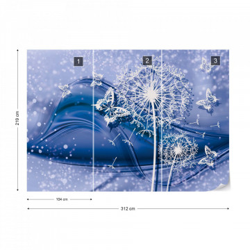 Modern Butterflies And Dandelions Blue Photo Wallpaper Wall Mural