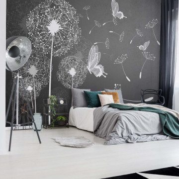 Modern Dandelions And Butterflies Grey And White Photo Wallpaper Wall Mural