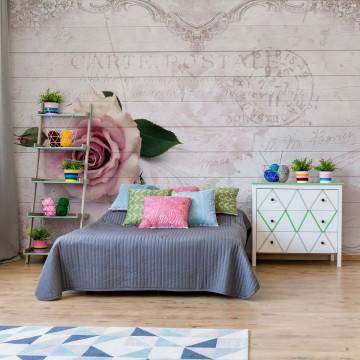 Pink Rose Vintage Design White Wood Texture Photo Wallpaper Wall Mural