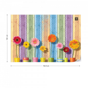 Sunny Flowers And Colourful Wood Planks Photo Wallpaper Wall Mural