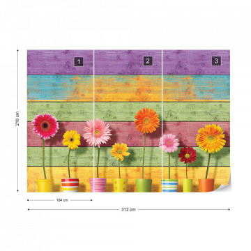 Sunny Flowers And Colourful Wood Planks Photo Wallpaper Wall Mural