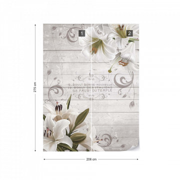 Vintage Chic Flowers Wood Planks French Script Photo Wallpaper Wall Mural