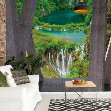 Waterfalls 3D Modern View Concrete Photo Wallpaper Wall Mural