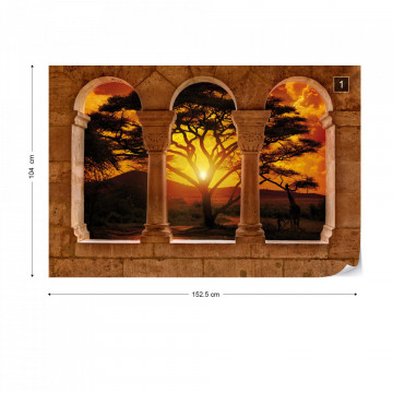 Africa Sunset Tree Silhouette View Through Stone Arches Photo Wallpaper Wall Mural