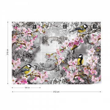 Birds And Cherry Blossom Flowers Vintage Design Photo Wallpaper Wall Mural