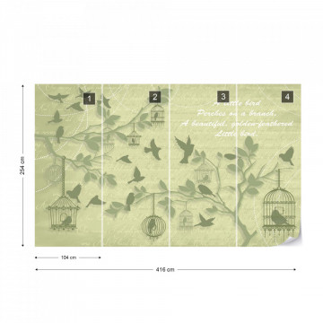 Cherry Blossom And Birds Vintage Design Green Photo Wallpaper Wall Mural