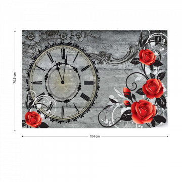 Clock And Roses Vintage Wood And Floral Design Photo Wallpaper Wall Mural