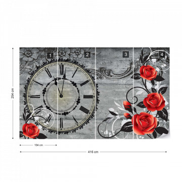 Clock And Roses Vintage Wood And Floral Design Photo Wallpaper Wall Mural