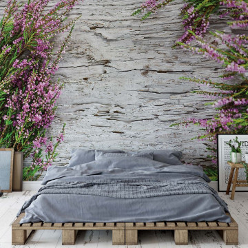 Flowers Heather Rustic Wood Texture Photo Wallpaper Wall Mural