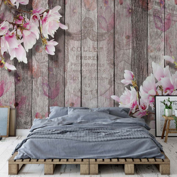 Flowers Vintage Script Rustic Wood Planks Photo Wallpaper Wall Mural