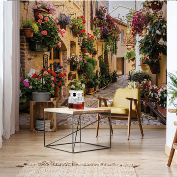 Mediteranean Street With Flowers Photo Wallpaper Wall Mural