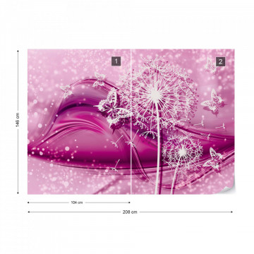Modern Butterflies And Dandelions Pink Photo Wallpaper Wall Mural