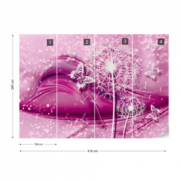 Modern Butterflies And Dandelions Pink Photo Wallpaper Wall Mural