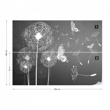 Modern Dandelions And Butterflies In Grey Photo Wallpaper Wall Mural