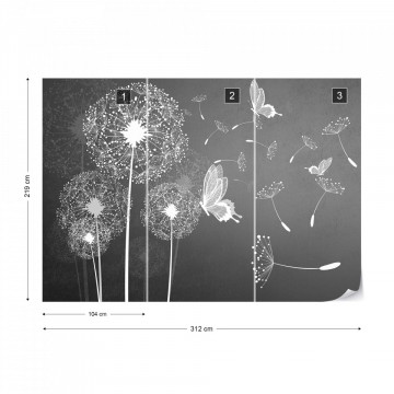 Modern Dandelions And Butterflies In Grey Photo Wallpaper Wall Mural