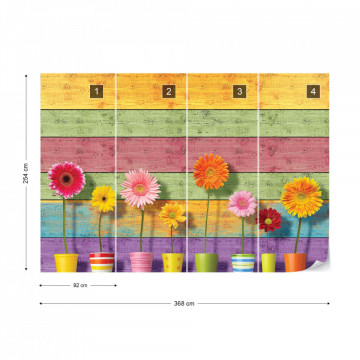 Sunny Flowers And Colourful Wood Planks Photo Wallpaper Wall Mural