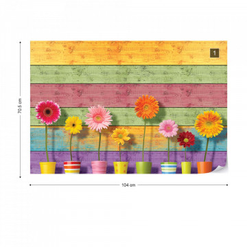 Sunny Flowers And Colourful Wood Planks Photo Wallpaper Wall Mural