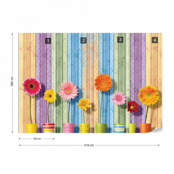 Sunny Flowers And Colourful Wood Planks Photo Wallpaper Wall Mural