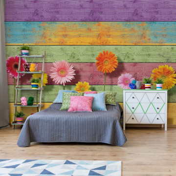 Sunny Flowers And Colourful Wood Planks Photo Wallpaper Wall Mural