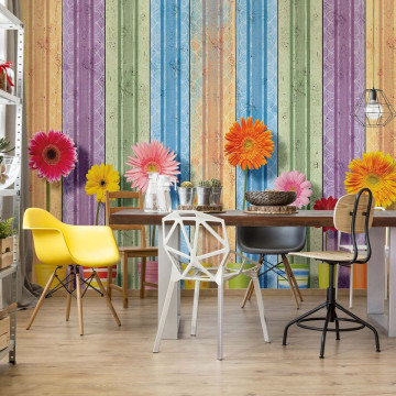 Sunny Flowers And Colourful Wood Planks Photo Wallpaper Wall Mural
