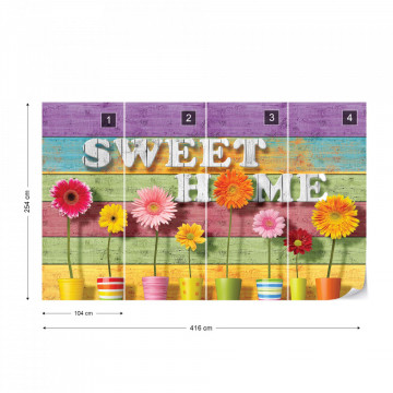 Sunny Flowers And Colourful Wood Planks "Sweet Home" Photo Wallpaper Wall Mural