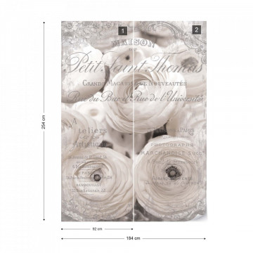 White Peonies Vintage Script Black And White Photo Wallpaper Wall Mural