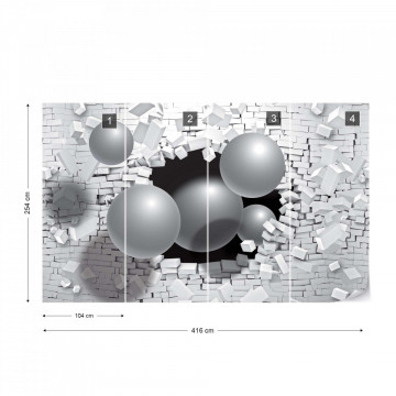 3D Balls Bursting Through Brick Wall Photo Wallpaper Wall Mural